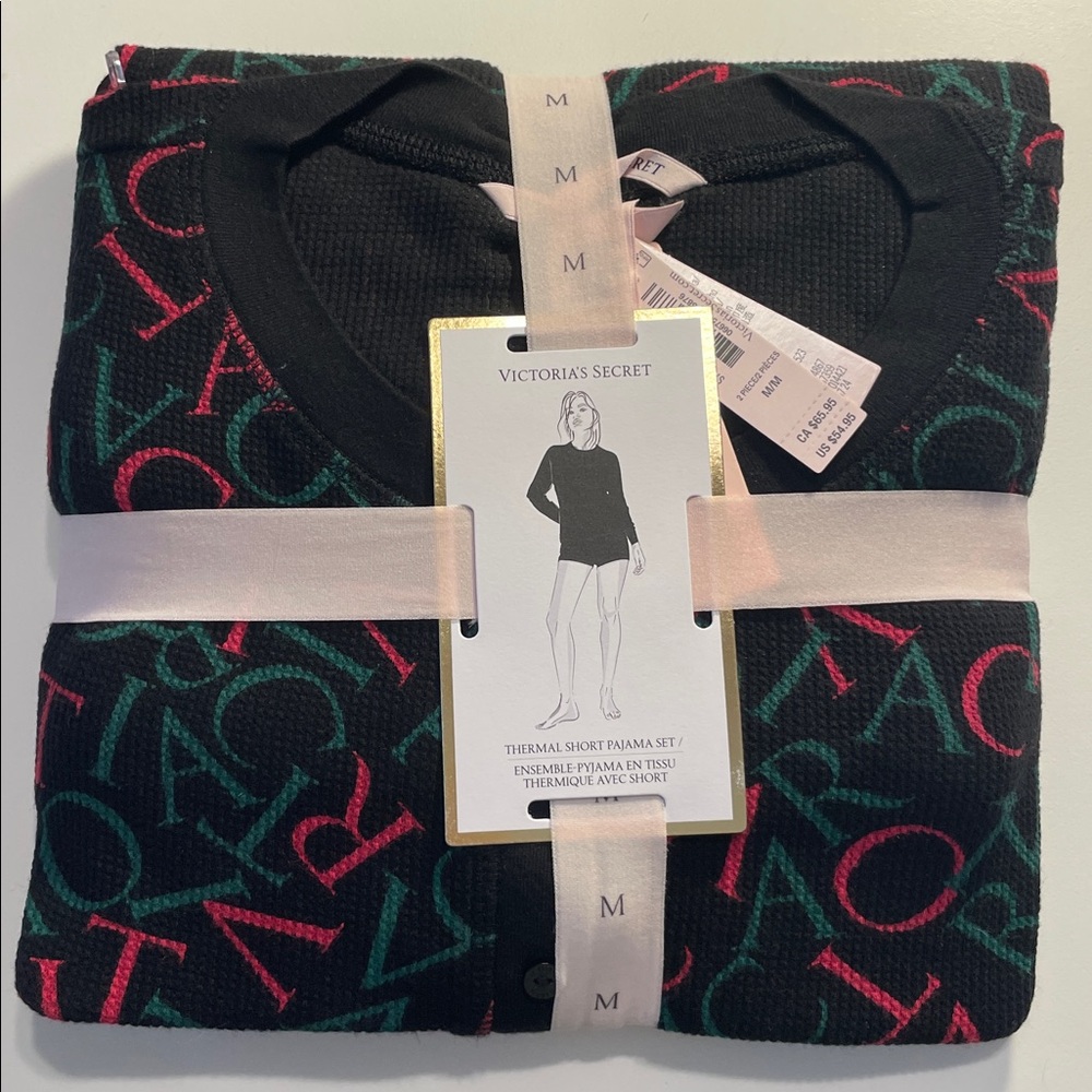 New w/ Tags Victoria's Secret Black Pajama Set with Red and Green Accents